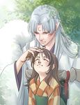  1girl age_difference brown_hair checkered checkered_kimono child demon_boy facial_mark forehead_mark fur_trim happy height_difference inuyasha japanese_clothes kimono leaf long_hair pointy_ears rin_(inuyasha) sesshoumaru signature silver_hair smile tokiko_(psychopomp) touching yukata 