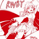 artist_name cape copyright_name corset cross dress flower frilled_dress frills h-new lineart long_sleeves monochrome open_mouth red red_cape rose ruby_rose rwby scythe short_hair signature solo 