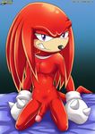  balls bbmbbf bed black_nose blush circumcised clothing cut erection fur gloves grin hair knuckles_the_echidna long_hair looking_at_viewer male mobius_unleashed palcomix penis purple_eyes red_fur red_hair red_skin shy simple_background smile smirk solo sonic_(series) teeth 