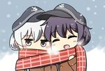  akatsuki_(kantai_collection) bell_(oppore_coppore) closed_eyes commentary_request grey_eyes hat hibiki_(kantai_collection) kantai_collection multiple_girls open_mouth purple_hair scarf shared_scarf silver_hair smile snowing 
