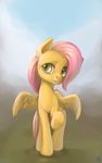  2016 abstract_background equine feathered_wings feathers female feral fluttershy_(mlp) friendship_is_magic fur green_eyes hair looking_at_viewer mammal mrs1989 my_little_pony pegasus pink_hair smile solo spread_wings wings yellow_feathers yellow_fur 