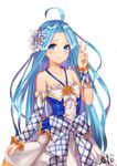  ahoge alternate_costume bad_id bad_pixiv_id bare_shoulders blue_eyes blue_hair bow detached_sleeves flower granblue_fantasy hair_flower hair_ornament halterneck haruato highres kimi_to_boku_no_mirai long_hair looking_at_viewer lyria_(granblue_fantasy) plaid plaid_bow plaid_sleeves smile solo v very_long_hair 