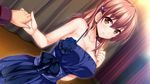  1girl blue_dress blue_flower blue_rose blush bow breasts brown_eyes brown_hair cleavage collarbone dress flower game_cg goban hair_between_eyes hair_ornament hairclip highres holding_hands large_breasts looking_at_viewer lovedori_halation out_of_frame rose shounai_miharu smile solo_focus spaghetti_strap 