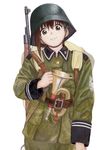  asymmetrical_hair ayase_(ayase_m712) backpack bag bolt_action brown_eyes brown_hair bugle commentary_request gun hair_ornament hairclip helmet highres instrument mauser_98 military military_uniform rifle short_hair solo sora_no_woto sorami_kanata traditional_media uniform weapon white_background 
