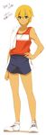  blonde_hair full_body green_eyes gym_shorts hand_on_hip highres inazuma_eleven inazuma_eleven_(series) male_focus miyasaka_ryou older sekina shorts simple_background smile solo sportswear standing translation_request white_background 