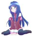  blue_eyes blue_hair hey_(artist) kanon long_hair minase_nayuki school_uniform sitting solo thighhighs wariza 