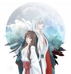  1girl brown_eyes brown_hair circle floral_background height_difference highres inuyasha japanese_clothes kimono long_hair older parted_lips pointy_ears red_ribbon ribbon rin_(inuyasha) sesshoumaru signature silver_hair tokiko_(psychopomp) yukata 