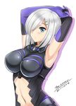  armor armored_dress armpits arms_behind_head artist_name bodysuit breasts cosplay fate/grand_order fate_(series) hair_ornament hair_over_one_eye hairclip hamakaze_(kantai_collection) highres kantai_collection large_breasts look-alike mash_kyrielight mash_kyrielight_(cosplay) navel short_hair the-sinner white_background white_hair 