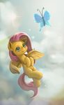  2015 arthropod blush butterfly cloud cutie_mark equine feathered_wings feathers female feral fluttershy_(mlp) flying friendship_is_magic fur green_eyes hair insect looking_at_viewer mammal mrs1989 my_little_pony outside pegasus pink_hair sky smile solo spread_wings sun wings yellow_feathers yellow_fur 