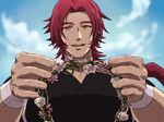  flower head_wreath japanese_clothes jigoku_meguri male_focus open_mouth red_hair smile solo tonbokiri_(touken_ranbu) touken_ranbu yellow_eyes 