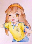  brown_eyes brown_hair hairband inazuma_eleven_go_chrono_stone long_hair looking_at_viewer nanobana_kinako one_eye_closed open_mouth orange_hairband sekina smile solo traditional_media 