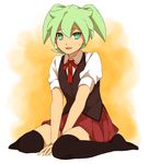  black_legwear crossdressing fei_rune green_eyes green_hair inazuma_eleven_(series) inazuma_eleven_go inazuma_eleven_go_chrono_stone looking_at_viewer male_focus no_pupils no_shoes sekina sitting skirt smile solo thighhighs wariza 