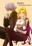  1girl black_coat black_pants blonde_hair blouse breasts cape character_name cleavage cleavage_cutout coat coffee_mug copyright_name crossed_legs cup glasses glynda_goodwitch green_eyes green_scarf grey_hair high_collar medium_breasts moai_(moai_world) mug pants pantyhose professor_ozpin purple_cape riding_crop rwby scarf white_blouse yellow_background 