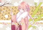  2016 bad_id bad_pixiv_id commentary_request floral_print flower hair_flower hair_ornament happy_new_year japanese_clothes kimono long_hair looking_at_viewer new_year obi original pink_eyes pink_hair sash smile sola_(solo0730) solo 