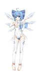  &gt;:( absurdres ahoge alternate_costume angry bad_id bad_pixiv_id bangs bare_shoulders barefoot blue_eyes blue_hair blush bow breasts bridal_gauntlets cirno covered_navel facial_mark feet frown full_body gloves hair_bow halterneck hand_on_headphones headset highres hips holding ice ice_wings leotard looking_at_viewer mechanical_wings mismatched_gloves ootsuki_momiji partly_fingerless_gloves short_hair simple_background small_breasts solo standing thighhighs toeless_legwear touhou touhou_ayaria_epic turtleneck underboob underboob_cutout v-shaped_eyebrows white_background white_legwear wings 