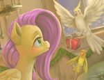  2016 avian bird blush cage equine feathered_wings feathers female feral fluttershy_(mlp) friendship_is_magic fur furniture fying gift green_eyes hair inside mammal mrs1989 my_little_pony parrot pegasus pink_hair quine smile solo window wings yellow_feathers yellow_fur 