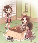  :d antenna_hair black_skirt bowl brown_eyes brown_hair chopsticks cushion double_bun food fruit hanten_(clothes) happi indoors japanese_clothes jintsuu_(kantai_collection) kagami_mochi kantai_collection koruri kotatsu leg_warmers long_hair long_sleeves mandarin_orange md5_mismatch multiple_girls naka_(kantai_collection) open_mouth remodel_(kantai_collection) school_uniform sendai_(kantai_collection) serafuku short_hair skirt smile table tatami tempura under_kotatsu under_table unmoving_pattern zabuton 