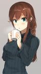  aqua_eyes black_sweater blowing braid brown_hair casual cup highres kantai_collection long_hair mug noshiro_(kantai_collection) ribbed_sweater senbei_(senbe_i) sidelocks solo sweater turtleneck upper_body 