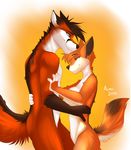  2015 aimi blue_eyes brown_eyes brown_hair canine couple duo female fox fur gradient_background hair half-closed_eyes male mammal multicolored_fur nude orange_fur signature simple_background standing white_fur 