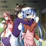  animal_ears apron blue_eyes blue_hair blush cat_ears cat_tail chain collar fang genderswap genderswap_(mtf) green_eyes hug hug_from_behind ikaros long_hair multiple_girls nekoro nymph_(sora_no_otoshimono) one_eye_closed pink_hair school_uniform sora_no_otoshimono tail tomoko_(sora_no_otoshimono) twintails very_long_hair 