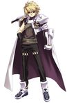  ar_tonelico ar_tonelico_i armor belt blonde_hair boots brown_eyes cape cross_edge full_body gloves hand_on_hip hirano_katsuyuki lyner_barsett male_focus official_art simple_background solo 