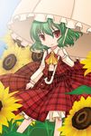  aoilio ascot bad_id bad_pixiv_id chibi flower green_hair kazami_yuuka parasol plaid plaid_skirt plaid_vest red_eyes short_hair skirt skirt_set smile solo sunflower touhou umbrella vest 