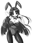  animal_ears asakura_ryouko blush bow bowtie breasts bunny_ears bunnysuit cleavage greyscale large_breasts long_hair monochrome noritama_(gozen) pantyhose smile solo suzumiya_haruhi_no_yuuutsu wrist_cuffs 