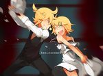  1girl adolescence_(vocaloid) blonde_hair blue_eyes brother_and_sister cendrillon_(vocaloid) dress feathers formal glider_(artist) hair_ornament hairclip kagamine_len kagamine_rin necktie one_eye_closed pillow pillow_fight short_dress short_hair siblings smile song_name suit twins vocaloid 