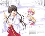  2girls broom brown_eyes brown_hair calendar_(medium) february hakama hat january japanese_clothes kanda_aya long_hair mashiba_mariko miko mittens motoori_chigusa multiple_girls original pink_eyes pink_hair ponytail red_hakama short_hair snow snowman 