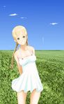  abduction bad_id bad_pixiv_id blonde_hair braid covered_nipples cow day dress field grass green_eyes highres nanahime original outdoors short_dress sky smile solo sundress traction_beam twin_braids ufo 