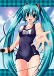  green_eyes green_hair hatsune_miku headphones headset highres kagura_nanaki lens_flare long_hair microphone one-piece_swimsuit outstretched_hand school_swimsuit solo swimsuit thigh_gap twintails vocaloid 