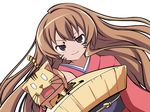  aisaka_taiga akayoshi_hajime brown_eyes brown_hair cat facepaint foreshortening hagoita japanese_clothes kimono long_hair new_year obi paddle sash solo toradora! 