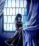  artist_request black_hair blue_eyes curtains cuts dress fatal_frame fatal_frame_4 haibara_ayako injury long_hair scissors solo window 