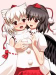  animal_ears bad_id bad_pixiv_id black_hair blush breast_grab breasts grabbing hat inubashiri_momiji medium_breasts multiple_girls open_mouth red_eyes saturnon shameimaru_aya tokin_hat touhou white_hair wings yuri 