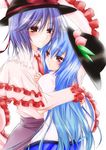  blue_hair food fruit hat hazuki_kasane highres hinanawi_tenshi hug multiple_girls nagae_iku peach purple_hair red_eyes ribbon smile touhou 