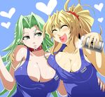  alcohol beer blonde_hair blush breast_press breasts closed_eyes collar drunk excellen_browning green_eyes green_hair heart heart_in_mouth hug huge_breasts kara_age lamia_loveless long_hair multiple_girls one-piece_swimsuit open_mouth ponytail school_swimsuit spill super_robot_wars swimsuit very_long_hair 