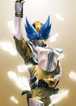  arm_up belt bodysuit buckle feathers helmet kamen_rider kamen_rider_den-o kamen_rider_den-o_(series) looking_at_viewer male_focus maru_(maru1105) solo standing yellow_bodysuit 