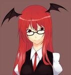  bat_wings bespectacled glasses head_wings hiroya_juuren koakuma long_hair necktie red_eyes red_hair red_neckwear smile solo touhou upper_body wings 