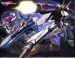  angry city firing flying gun helmet highres luca_angeloni macross macross_frontier mecha mikhail_buran official_art ozma_lee s.m.s. saotome_alto scan space variable_fighter vf-25 weapon 