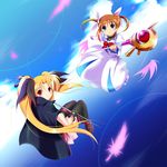  bad_id bad_pixiv_id bardiche blonde_hair blue_eyes blush brown_hair fate_testarossa feathers lyrical_nanoha mahou_shoujo_lyrical_nanoha multiple_girls raising_heart red_eyes sys.ao takamachi_nanoha thighhighs twintails 