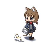 animal_ears bad_id bad_pixiv_id bag blush brown_hair cat cat_ears cat_tail chibi hair_bobbles hair_ornament nekoyama original short_twintails simple_background solo tail twintails walking 