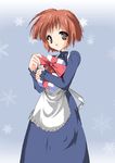  apron artist_request black_eyes brown_hair chocolate dress elli gift harvest_moon open_mouth short_hair snowflakes solo source_request 
