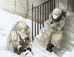  axis_powers_hetalia bad_id bad_pixiv_id boots coat crossed_arms ecopost grey_hair highres male_focus multiple_boys prussia_(hetalia) russia_(hetalia) scarf sitting sitting_on_stairs snow snow_bunny squatting stairs 