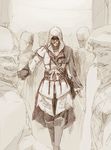  assassin's_creed_(series) assassin's_creed_ii beige brown cape ezio_auditore_da_firenze gloves hidden_blade hood male_focus monochrome shihou_(g-o-s) sketch solo vambraces weapon 