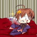  bow chibi couch drink female_protagonist_(persona_3) formal hair_ornament hairclip ichimatsu_shiro persona persona_3 persona_3_portable sleeves_past_wrists smile solo |_| 