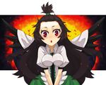  :o alternate_hairstyle black_hair black_wings blush breast_squeeze breasts cape forehead high_ponytail ke-su long_hair medium_breasts open_mouth red_eyes reiuji_utsuho solo topknot touhou v_arms wings 