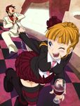  alcohol beatrice blonde_hair blue_eyes chains formal glass happy necktie pulling running skirt smile suit tears thigh-highs thighhighs umineko_no_naku_koro_ni ushiromiya_battler wine wink 