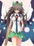  bad_id bad_pixiv_id black_hair bow cape green_bow hair_bow hand_on_hip long_hair okaki orange_eyes reiuji_utsuho skirt smile solo touhou wings 