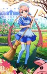  apron bad_id bad_pixiv_id blue blue_eyes blue_legwear broom bug butterfly dress flower grass hair_ornament highres insect legs loafers long_hair maid maid_headdress mansion mizore_syrup original pig pink_hair shoes solo thighhighs tree twintails very_long_hair zettai_ryouiki 