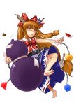  absurdres alcohol barefoot blush bow chain drunk feet full_body hatsuka highres horns ibuki_suika long_hair orange_hair sake solo touhou transparent_background tripping yellow_eyes 